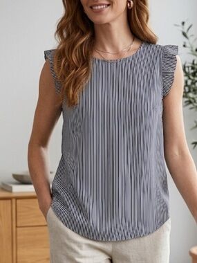 Monteau Cottagecore Sleeveless Striped Ruffle Cap-Sleeve Top - Navy/White